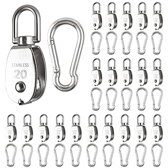 SHITIME 20 Pcs 304 Stainless Steel Lifting Pulley, M20 Single Pulley Block with Rotatable 360?Pulley and Rings, Wire Rope Hanging Pulley Wheel, with 20 Pcs Spring Snap Hook