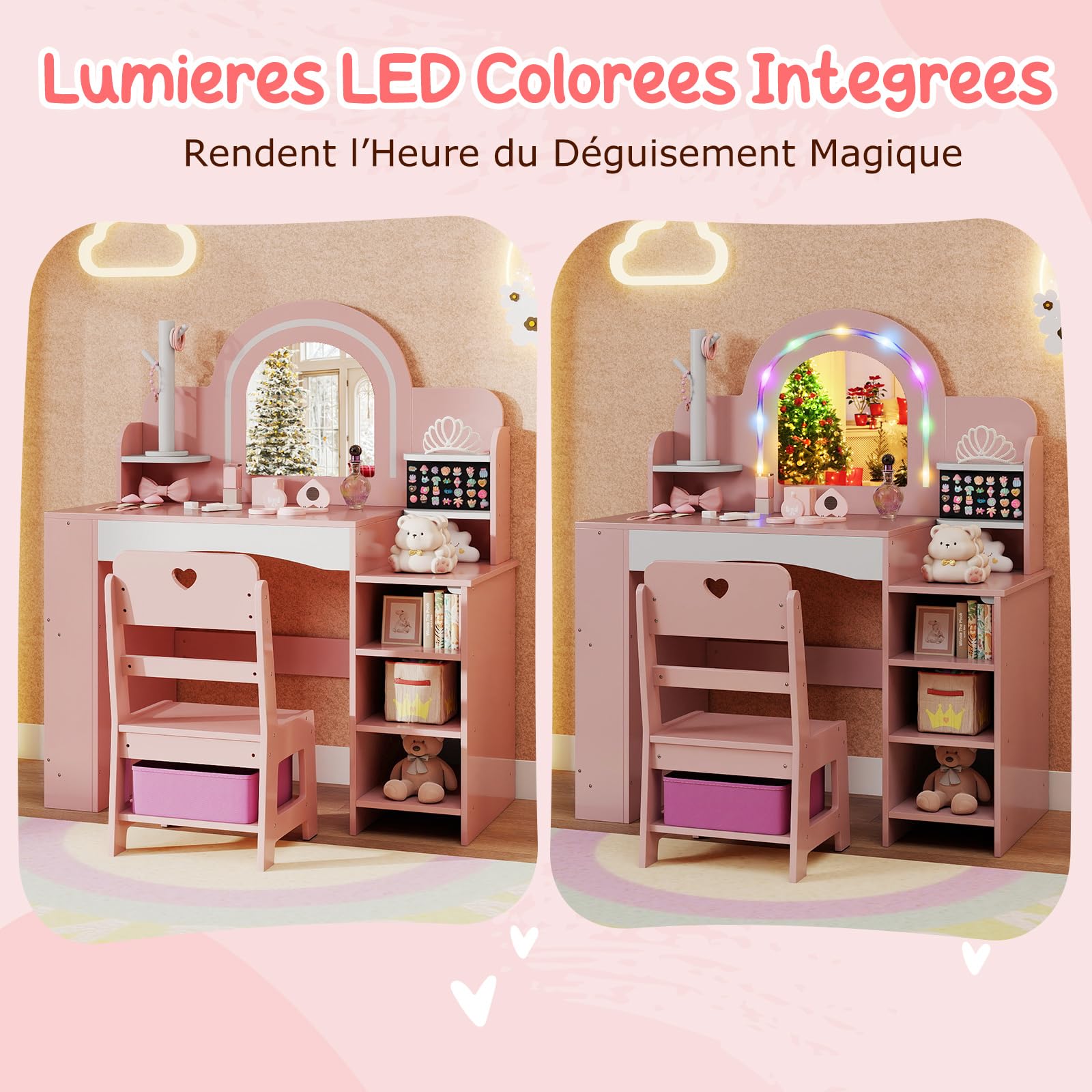 COSTWAY Coiffeuse Enfants Fille avec Chaise & Miroir Éclairé, Bureau Enfant Fille avec Bibliothèque & Étagères Ouvertes & Support pour Bijoux, Dispositif Anti-basculement pour 3 Ans+ (Rose)