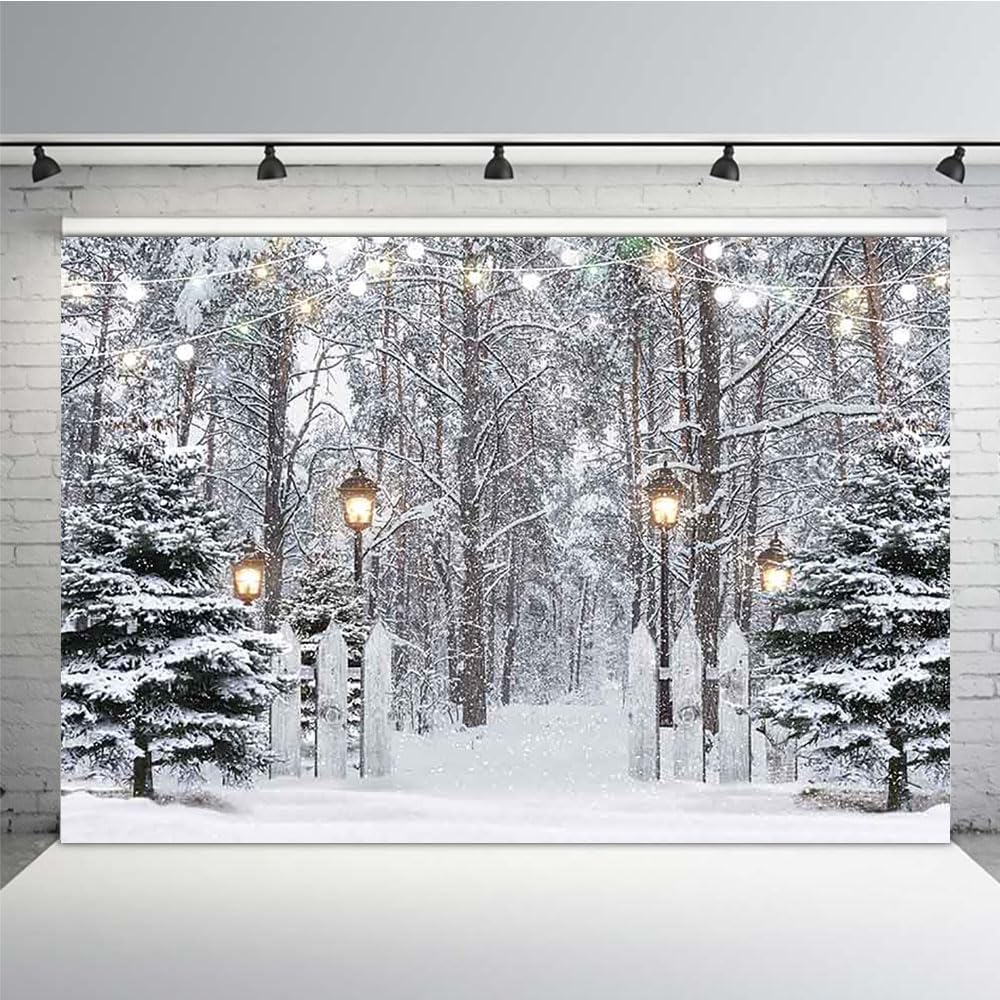 MEHOFOND 7x5ft Winter Wonderland Photography Backdrop Merry Christmas Pine Trees Light Forest Snowflake Background Natural Scene Xmas Party Wall Decoration Supplies Photo Booth