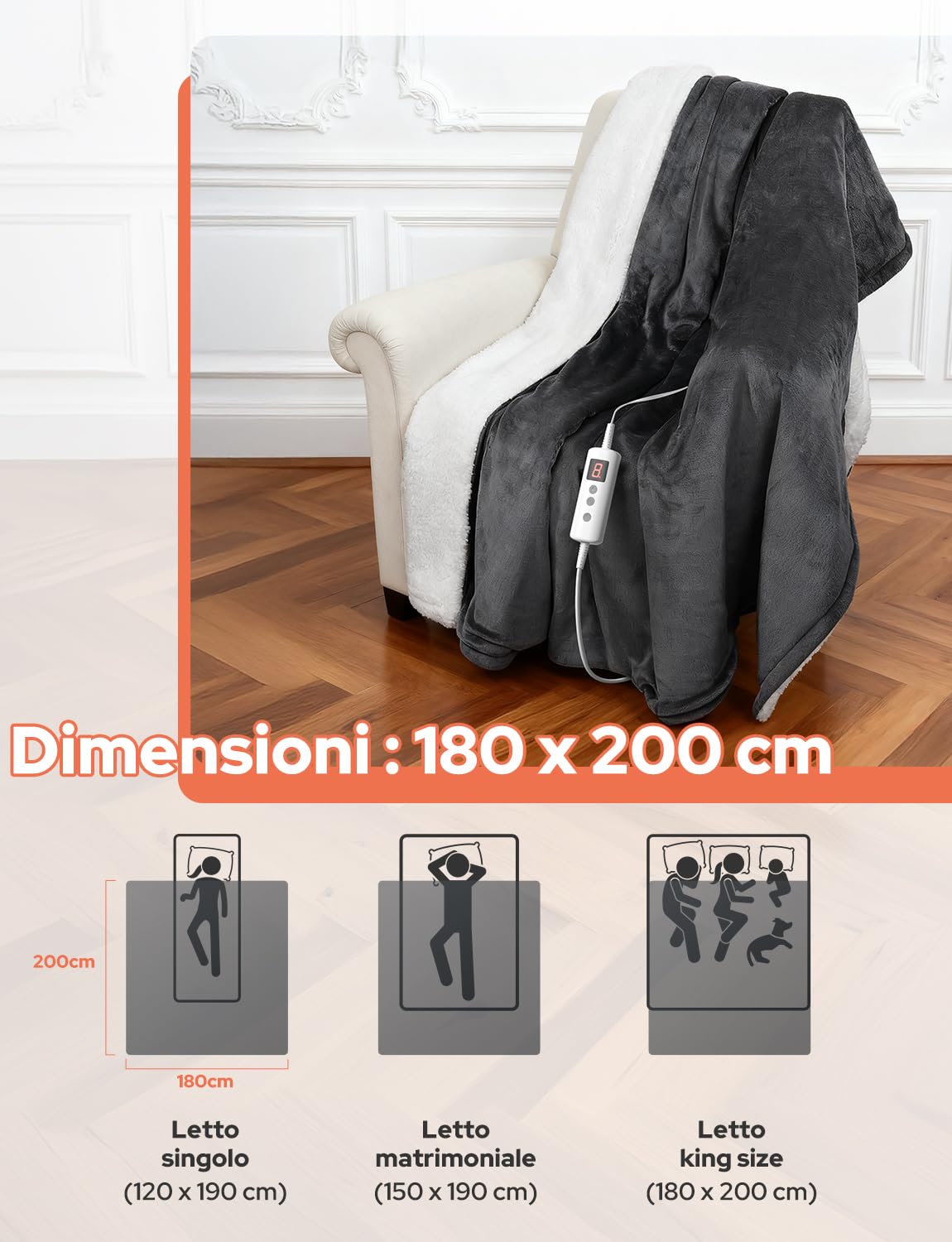 Coperta Termica Elettrica 200x180cm,Schermo LED-10 Livelli Temperatura,9 Impostazioni di Timer,Microfibra+Pile di Agnello,Lavabile,Riscaldamento Rapido,Spegnimento,Automatico-Grigio Scuro