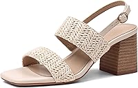 Ancomafio Women's Raffia Block Heel Sandals - 3-Inch Chunky Open Toe with Adjustable Ankle Strap for Summer Comfort