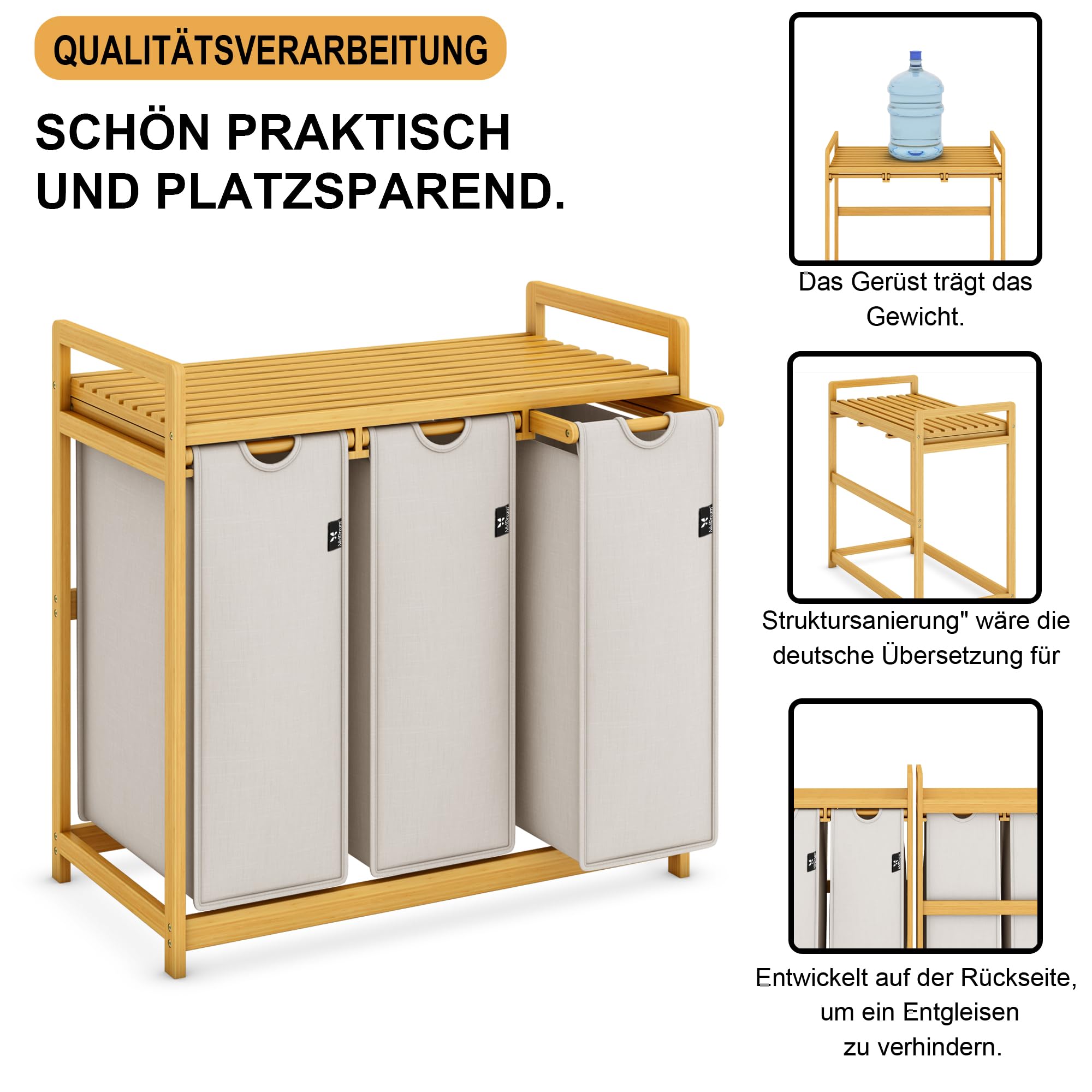 AdelDream Cesto Portabiancheria Cesto per Bucato 150L Organizzatore Lavanderia con 3 Scomparti in Bambù Selezionatore di Bucato Grigio Chiaro
