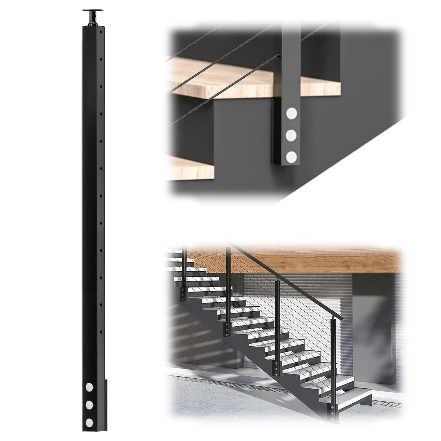 Muzata Side Mount Stair Cable Railing Post 42"x2"x2" Fit for 25-35 Degrees Adjustable Top Black Stair Post Stainless Steel Wood Concrete Deck Stair, PF01 BB4L
