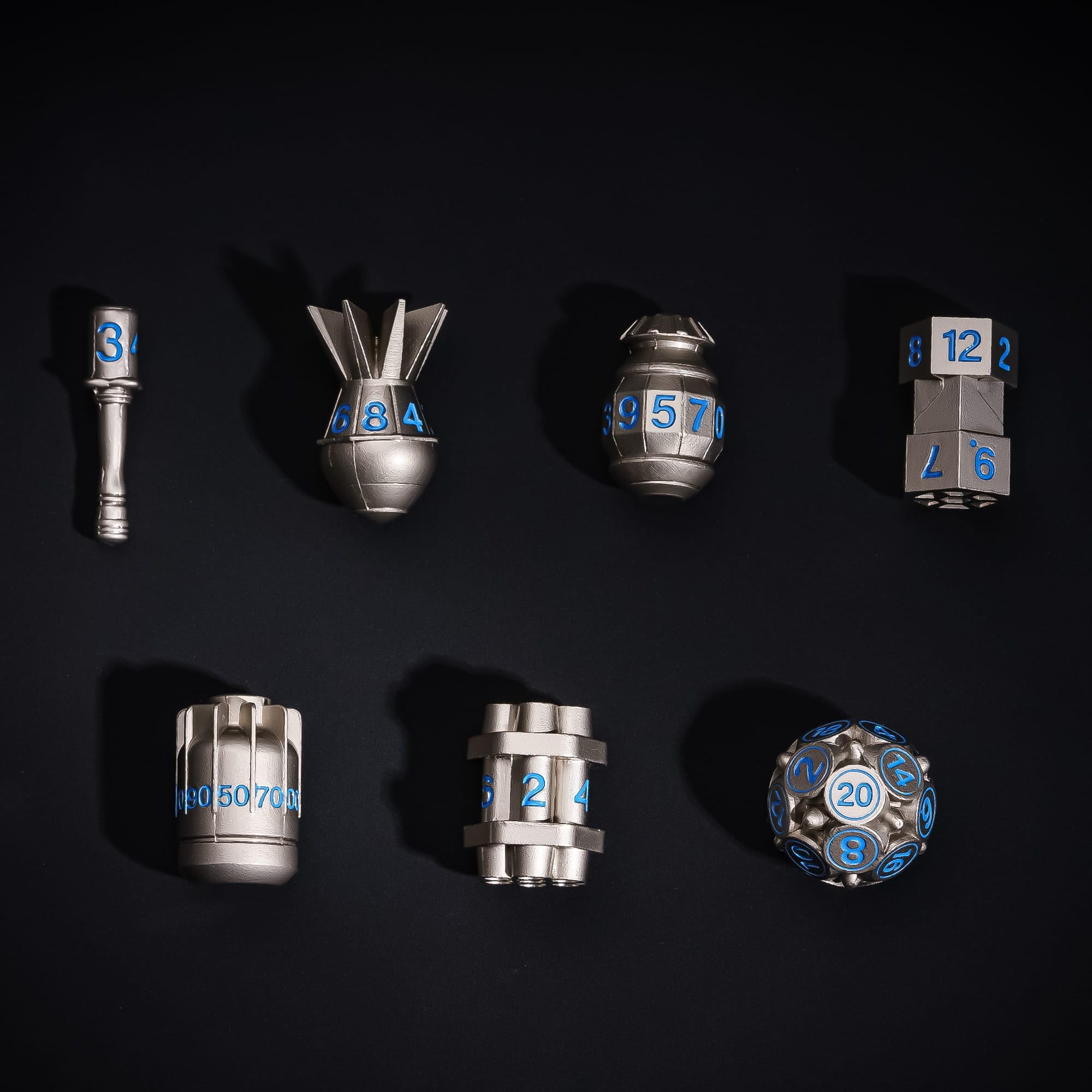 UDIXI Metal Dice Set D&D, 7-Die Bomb-Shaped Metal DND Dice Set with Leather Pouch for RPG and Other Tabletop Game(Nickel Blue)