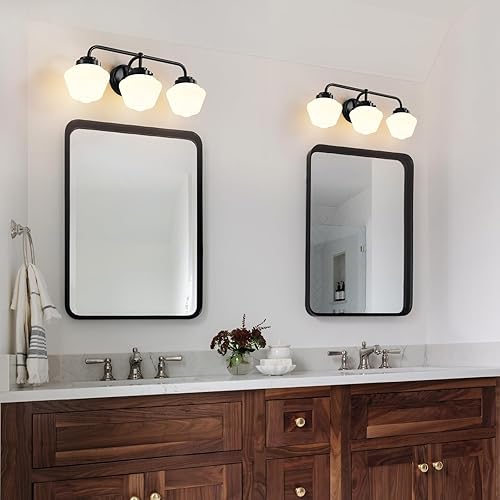 Miniatura 7 de Lámparas de tocador de baño 3 luces negras de tocador para baño sobre espejo, iluminación de pared de granja con vidrio lechoso esmerilado para
