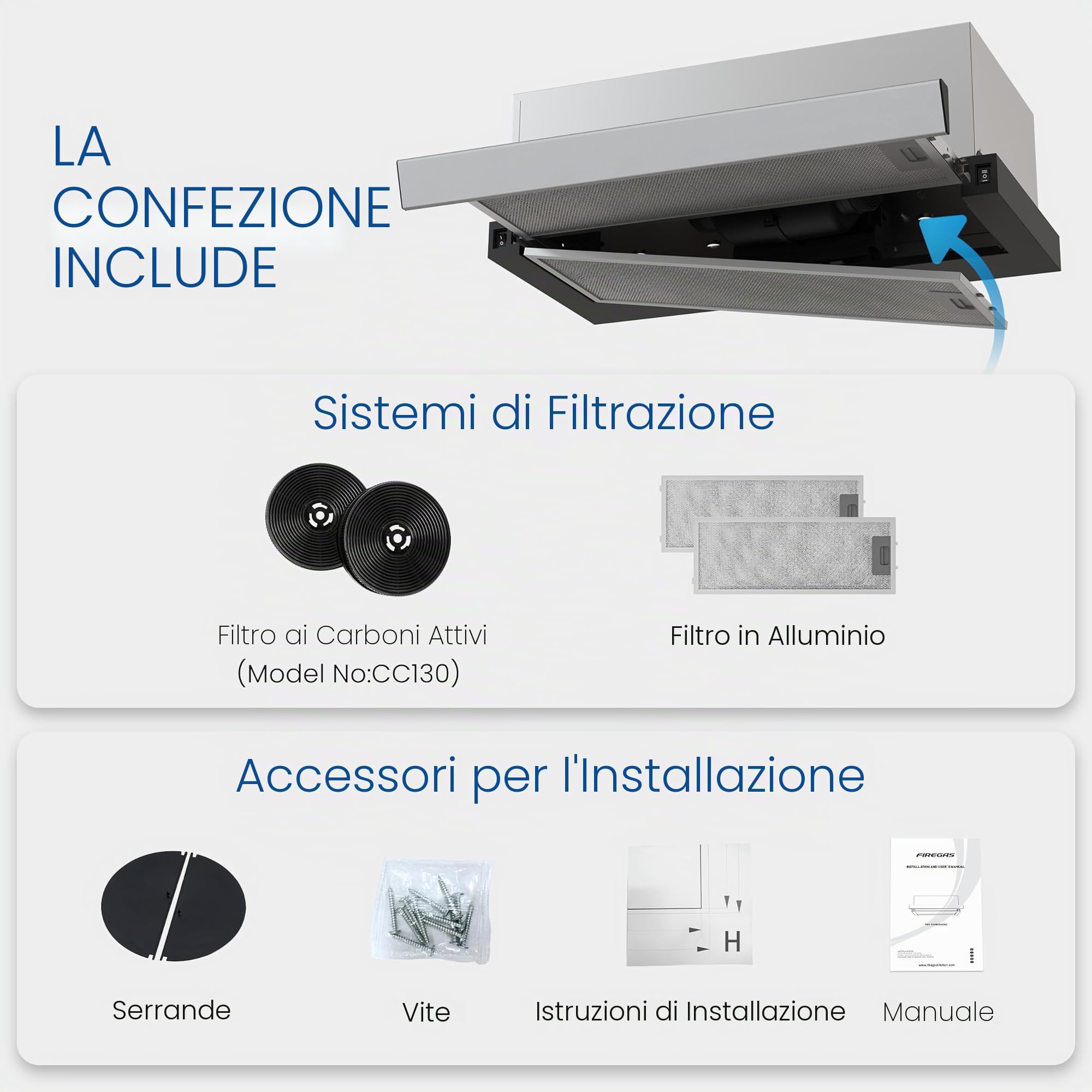 FIREGAS Cappa Aspirante Telescopica 60 cm, 400 m³/h, 2 Velocità, Classe Energetica A++, con motore senza spazzole, silenziosa, cappa da cucina con filtri a carbone attivo, nero