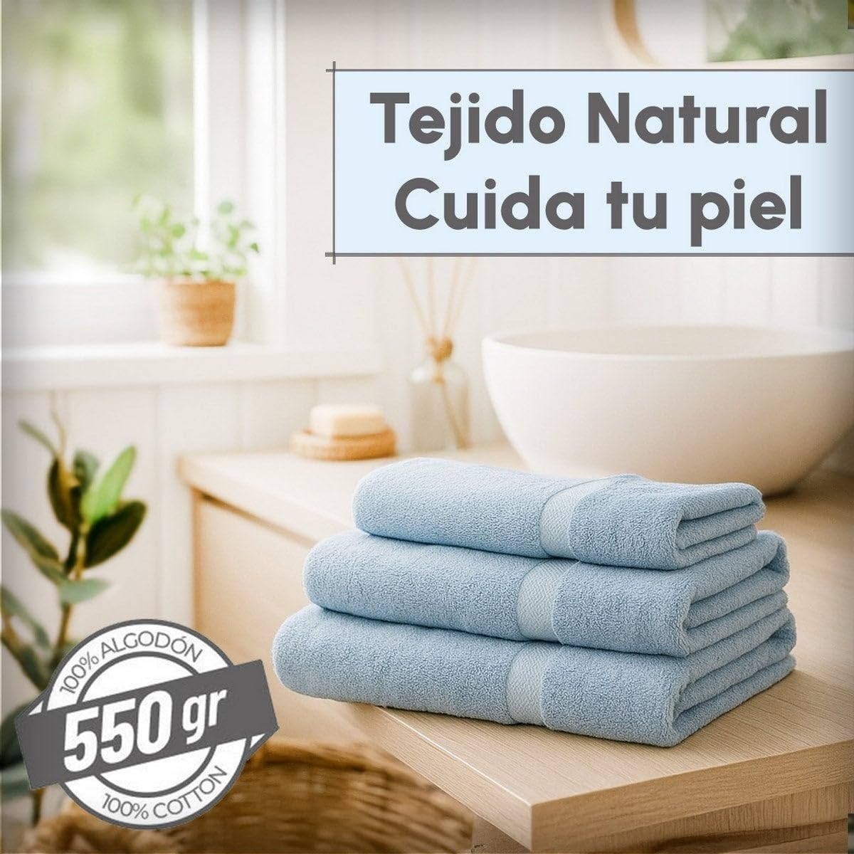 Juego de 8 Toallas de Ducha Color Azul 100% algodón Rizo de 140x70 cm | Tejido suave de gran gramaje con alta absorción. Aptas para lavadora, de uso diario.