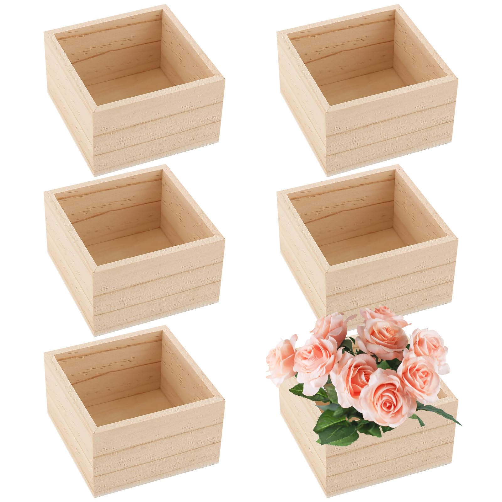 Aramanara 6 Pcs Small Wooden Storage Boxes, 10 x10 x 6cm Square Wooden Box, Unfinished Wooden Storage Organiser Boxes for Craft Jewelry Storage Gift Packaging DIY Craft