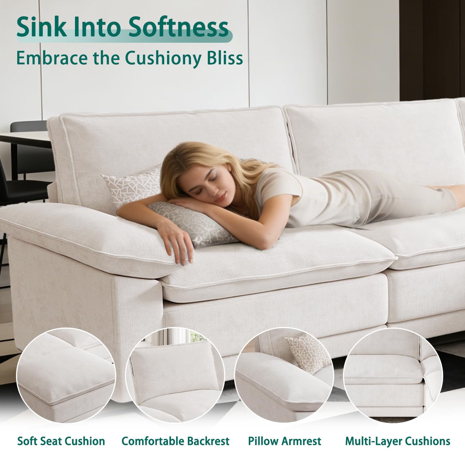 108" Modular Sectional Couch, L Shaped Cloud Sofa for Living Room | Comfortable Foam Cushions, Sturdy Frame, Appealing Appearance, Easy Assembly, Soft Chenille, Modular Design, Beige