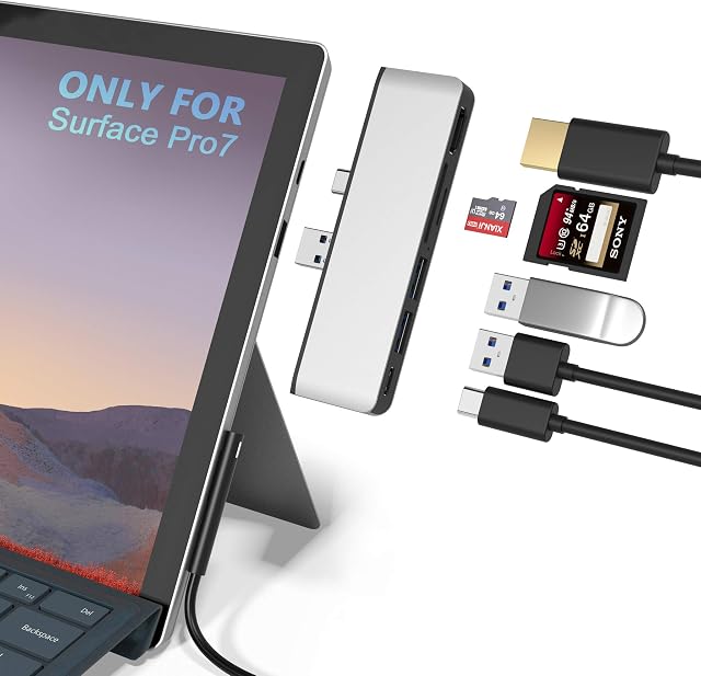 Surface Pro 7 USB C Hub, 6-in-2 aluminum Surface Pro 2019 Adapter Dock with 4K HDMI + USB C Audio & Data transfer Port +2 USB 3.0+SD/TF Card Reader, Converter Combo Adaptor for Surface Pro 7