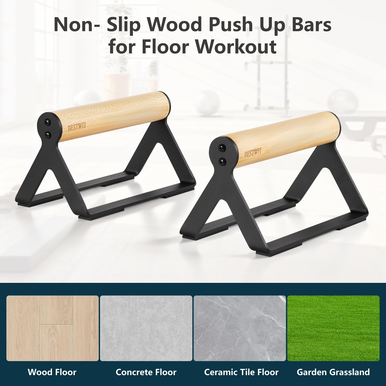 BESTWEI Wood Calisthenics Parallettes Bars Push Up Bar for Men 1 Pair, Sturdy Floor Push-up Handstand Equipment for Home Workouts, Fitness