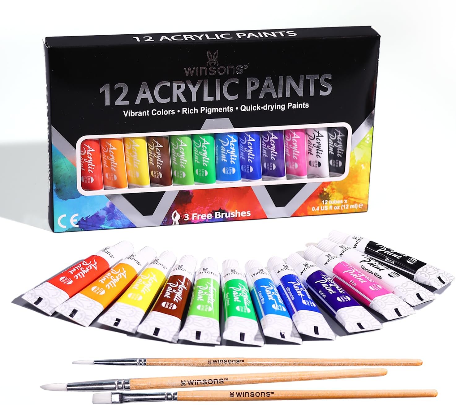 WINSONS Art Acrylic Paint Set, 12 x12ml Tubes Artist Quality Rich Pigments Colors With 3 Brushes Great for Beginners Artists Professional - Painting Canvas, Wood, Rock, Ceramic & Fabric