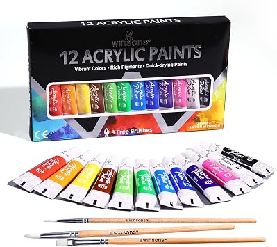 WINSONS Art Acrylic Paint Set, 12 x12ml Tubes Artist Quality Rich Pigments Colors With 3 Brushes Great for Beginners Artists Professional - Painting Canvas, Wood, Rock, Ceramic & Fabric