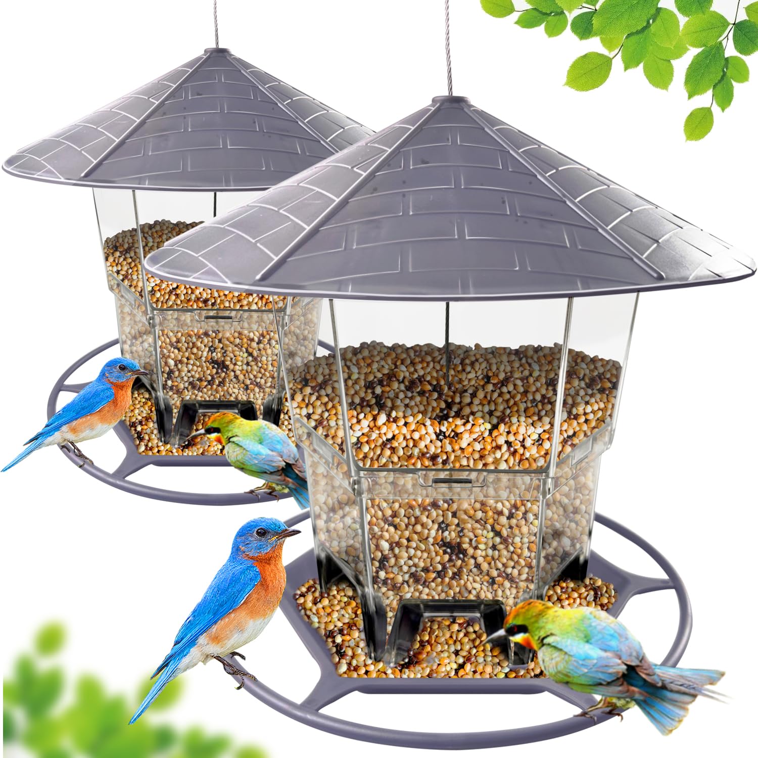 WLLKOO Bird Feeders for Outdoors, 2 Pack Bird Feeder Outside Hanging, Adjustable Feeder with Sturdy Wire and Roof, Plastic Bird Feeder for Garden, Backyard, Terrace