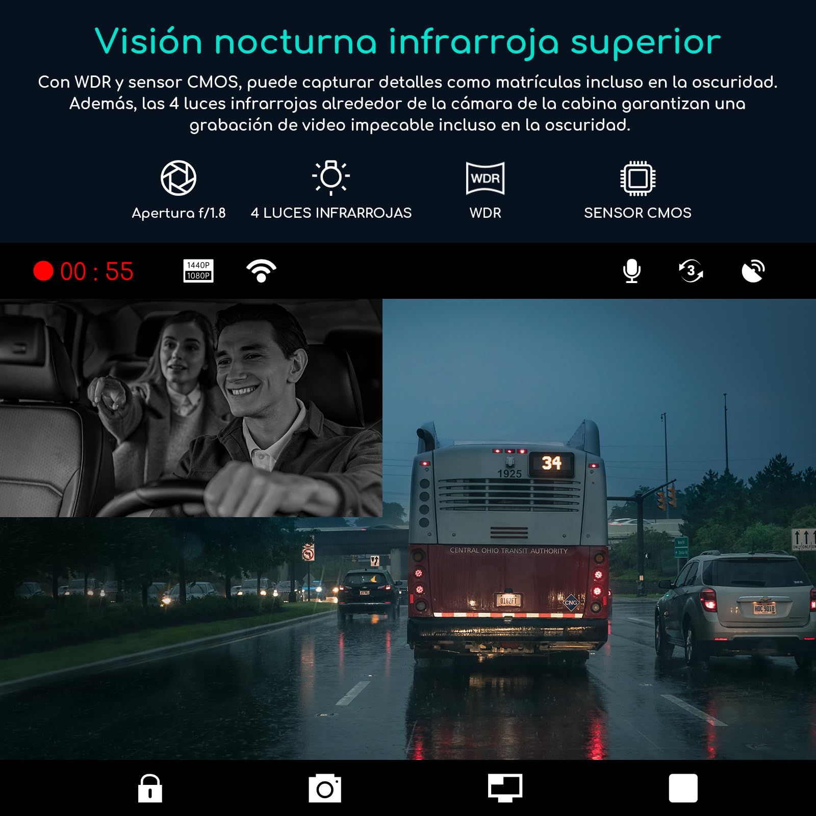 COOAU D30S 4K Dashcam con GPS, Wi-Fi, Frontal Interior, Doble Dash CAM Coche 2.5K 1080P, Nocturna, Supercondensador, Sensor G, Modo de Estacionamiento y Grabación en Bucle