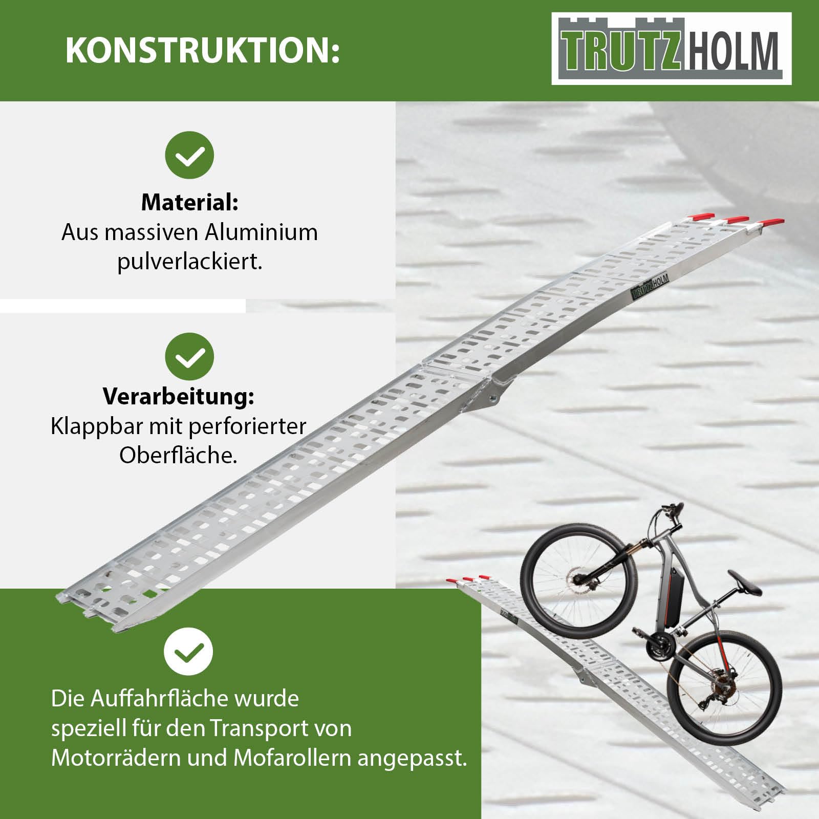 TRUTZHOLM 2 x Auffahrrampe klappbar 228 cm Traglast 680 kg Alu grau gelocht Motorradrampe