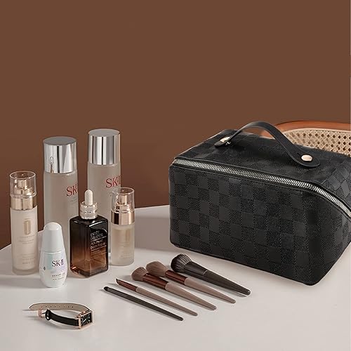 Miniatura 7 de LEICURACE Bolsa de maquillaje portátil que se abre plana para un fácil acceso, bolsa de cosméticos grande impermeable bolsa de aseo, Negro -, Moda