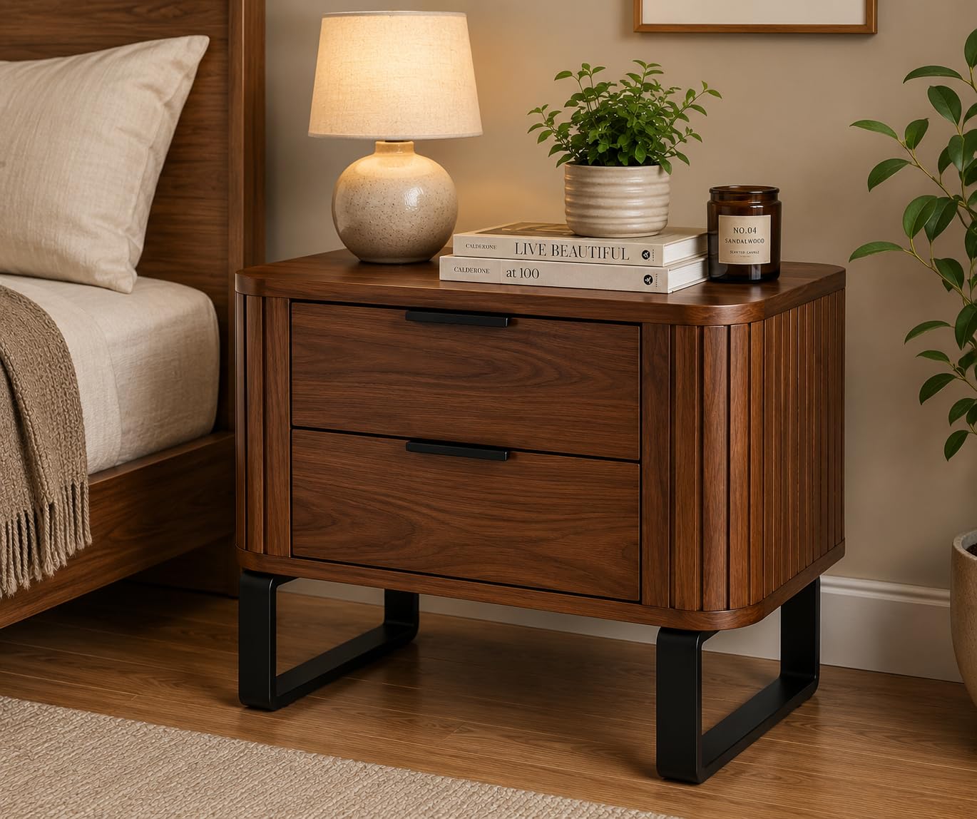 KUBER FURNITURE Solid Wood Bedside Table, Walnut, 2 Drawers Walnut 6 - Image 1