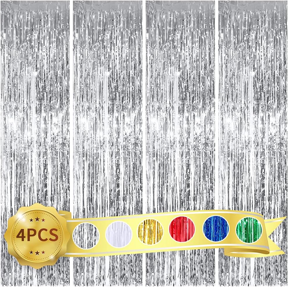 BEISHIDA 4 Pack Silver Metallic Tinsel Foil Fringe Curtains for Birthday Party Photo Backdrop Wedding Event Decor