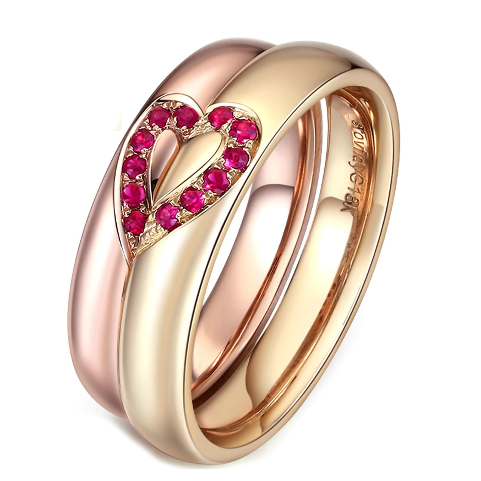 Anelli Fidanzamento Donna e Uomo, Anello Oro Matrimonio 18K Design Cuore Puzzle con Rubino Rosso Rotondo Sintetico da 0.1ct Fede Nuziale Coppia Oro Rosa