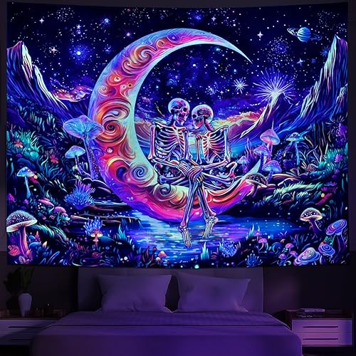Huzuya Blacklight Skull Tapestry UV Reactive Galaxy Space Tapestries Psychedelic Moon Wall Tapestries Skeleton Lovers Wall Hanging for Bedroom Decor - W59.10"×H51.20" - Skull