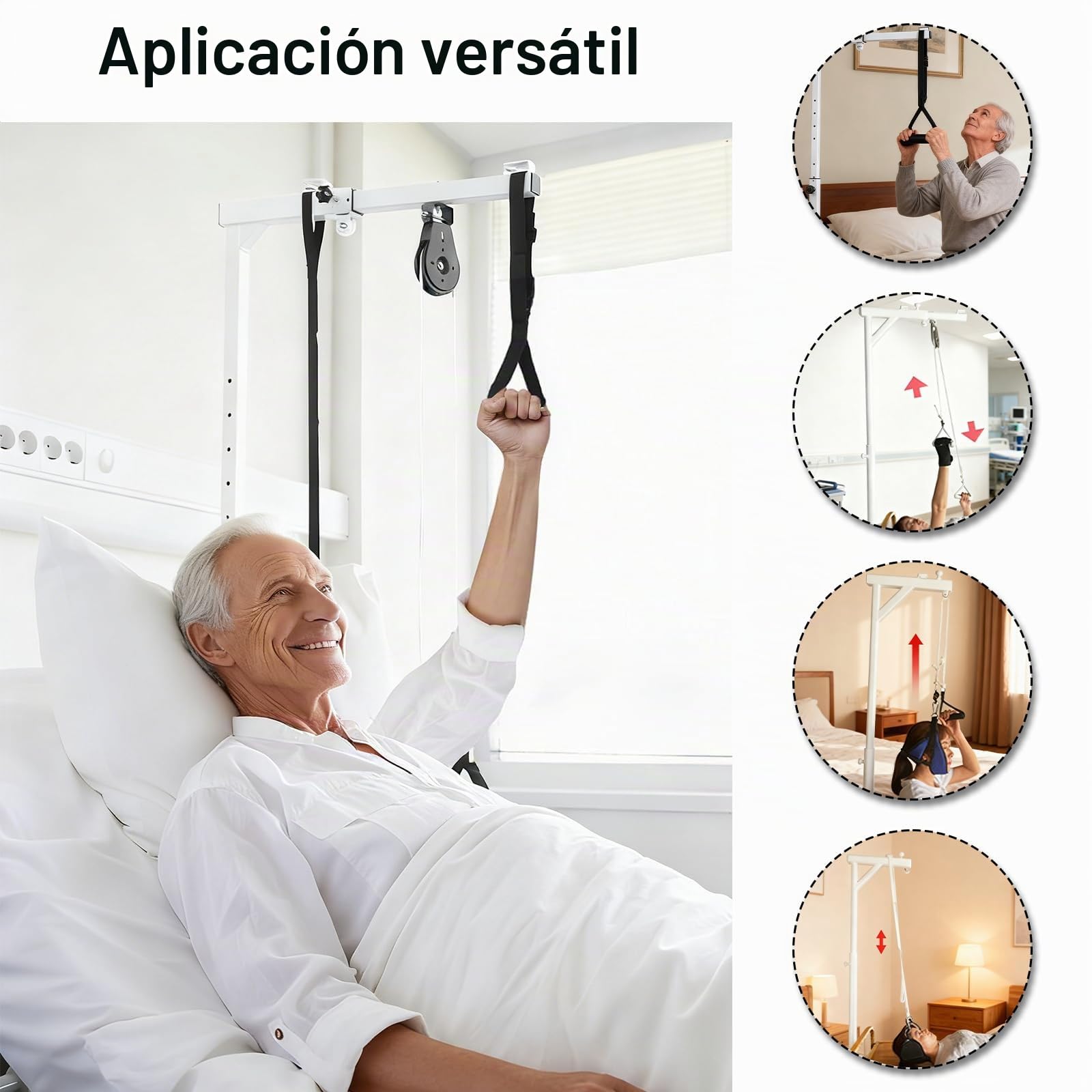 Barra de ayuda para incorporarse de la cama de acero independiente, con asa multifunción, polea y correa, altura ajustable, resistente hasta 100kg, ayuda para personas mayores y con movilidad reducida