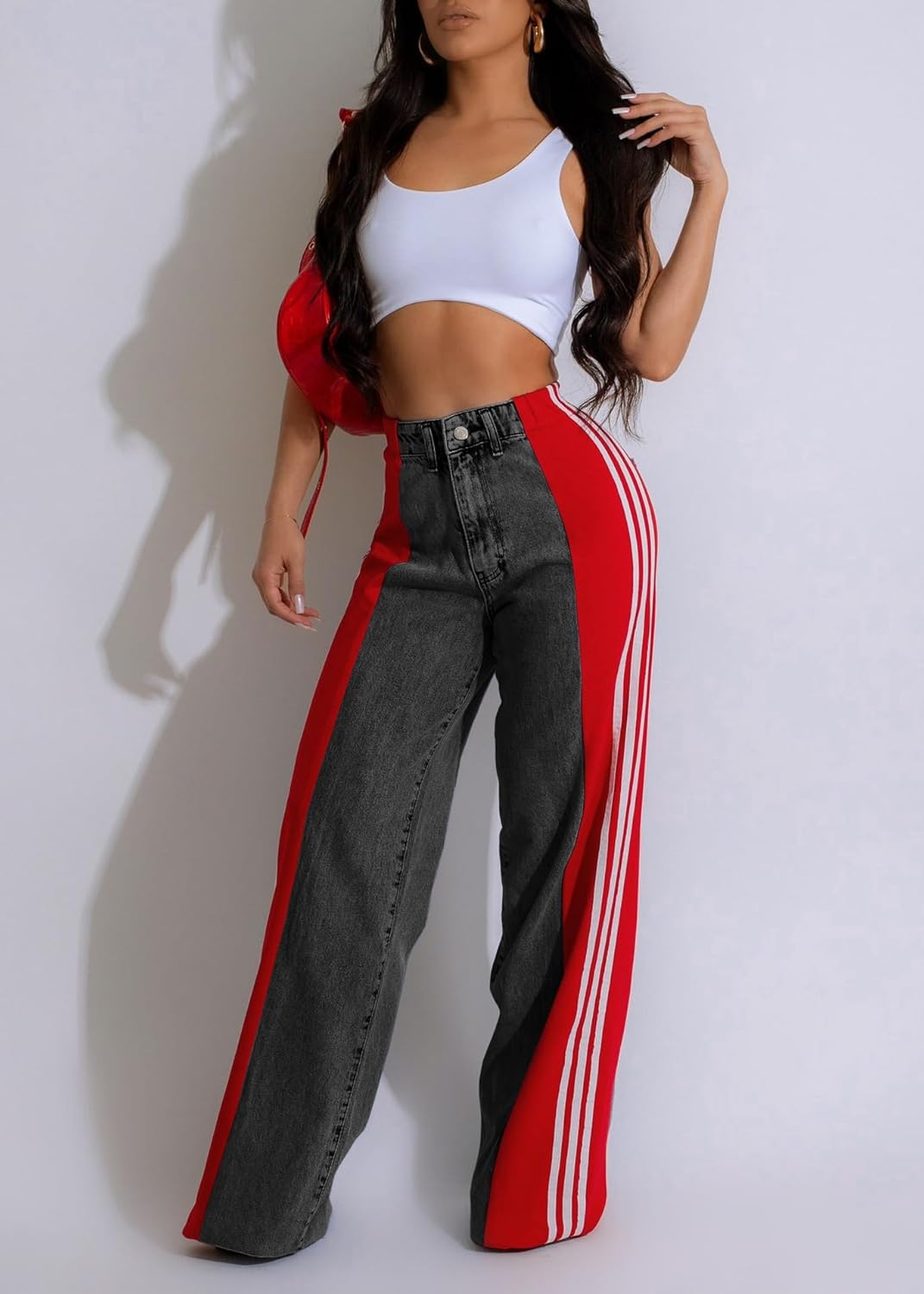 Nihsatin Women's Two Tone Jeans Wide Leg High Waisted Stretchy Buttoned Denim Pants - Image 2