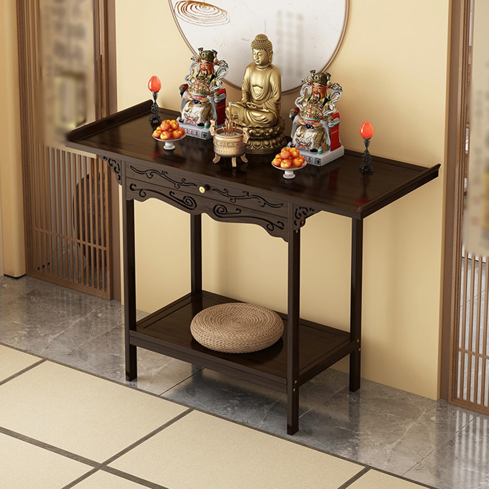 Table d’autel bouddhiste bambou compacte avec tiroirs intégrés