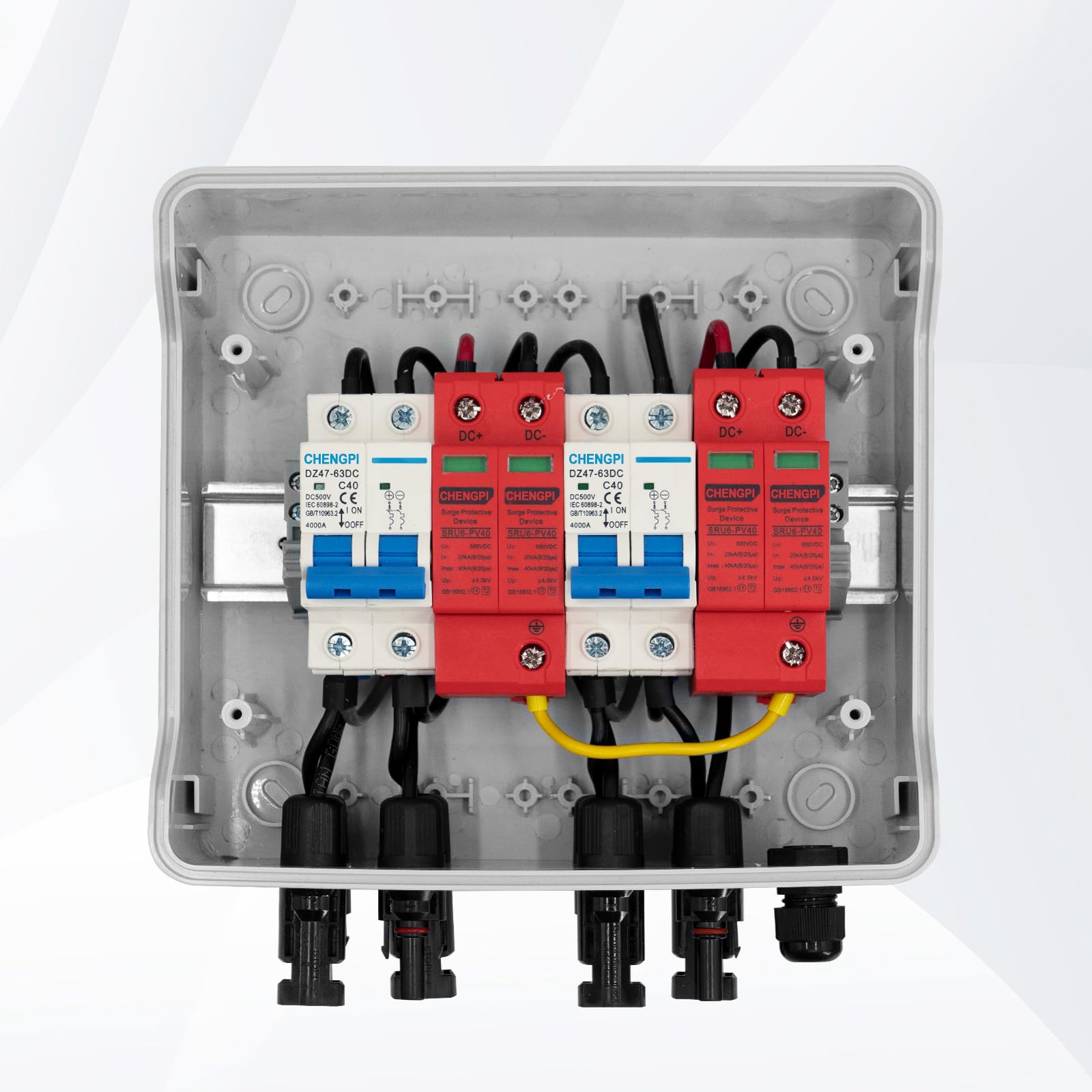 Protección Contra Sobretensiones PV DC, Seccionador Protección Contra Rayos Disyuntor DC 2 Cadena 500V 40A, IP65 Caja de Conexiones Solar a Prueba de Agua para Fotovoltaica (2 en 2 fuera）