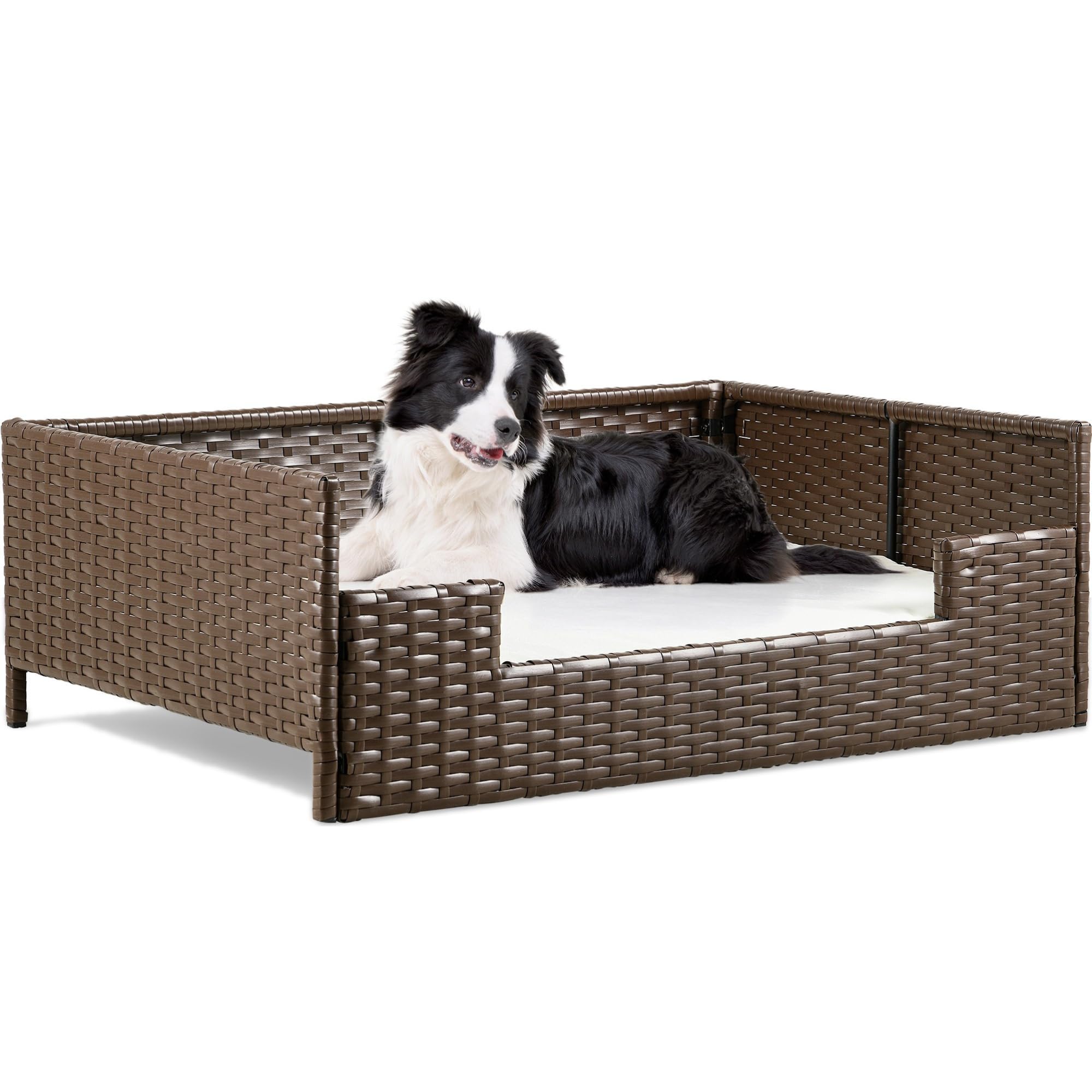 YITAHOME Rattan Dog Sofa Bed with Cushion, Wicker Pet Bed Sofa Couch Indoor Outdoor Waterproof for Large Medium Small Dogs Cats (34.6''L*23.6''W*11.8'
