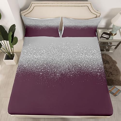 Manfei Sábana bajera ajustable con purpurina tamaño individual, funda de cama moderna de arte abstracto con 1 funda de almohada, juego de ropa de