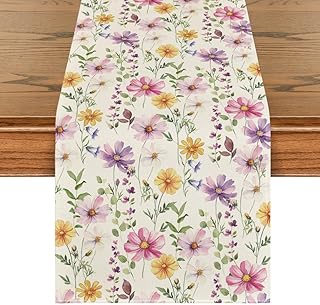 Daisy Flowers Wild Leaves Spring Table Runner, Summer Seasonal Kitchen Dining Table Decoration for Home Party Decor 40x140 cm