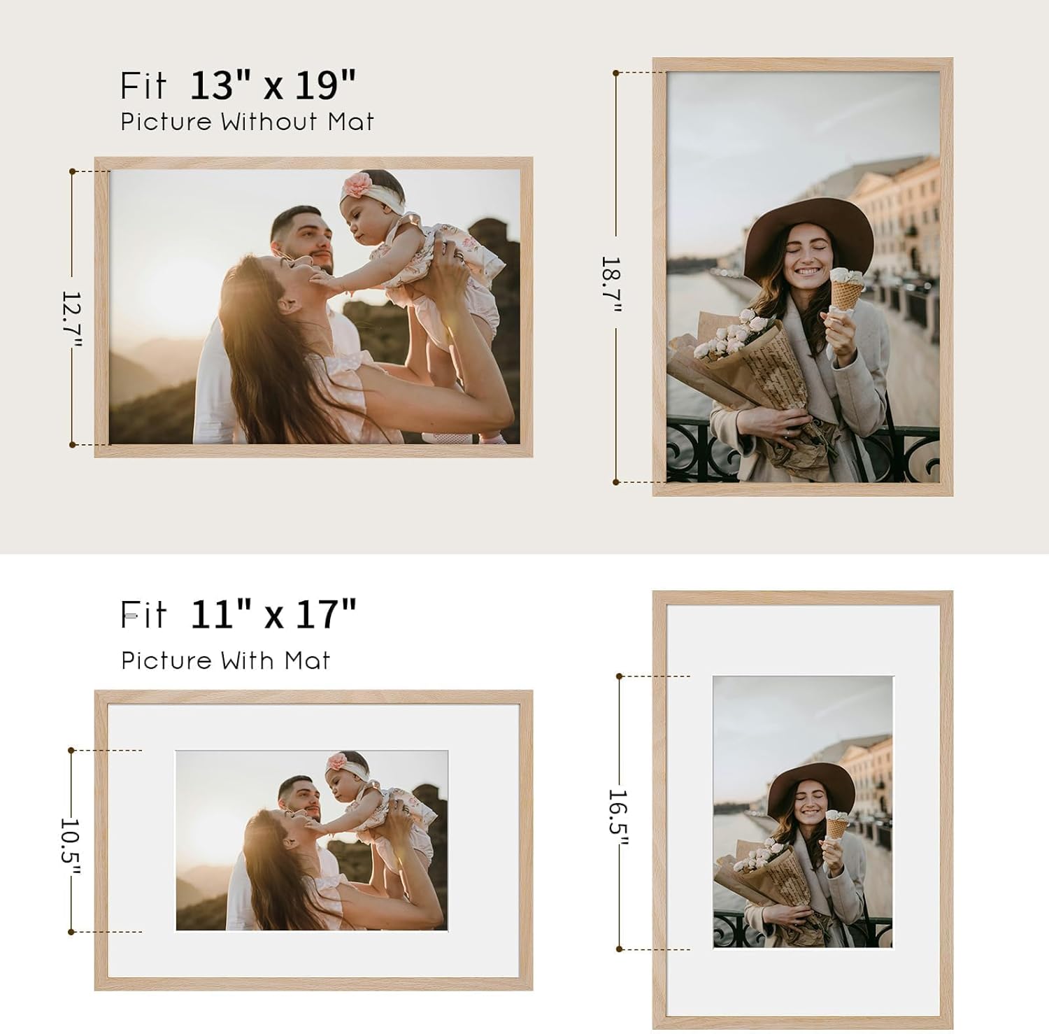 puthiac 13x19 Solid Oak Wood Picture Frame, Fits 11x17 with Mat or 13x19 Without Mat, Wall Display Only, Vertical or Horizontal, Plexi Front, 1 Pack, Natural Oak