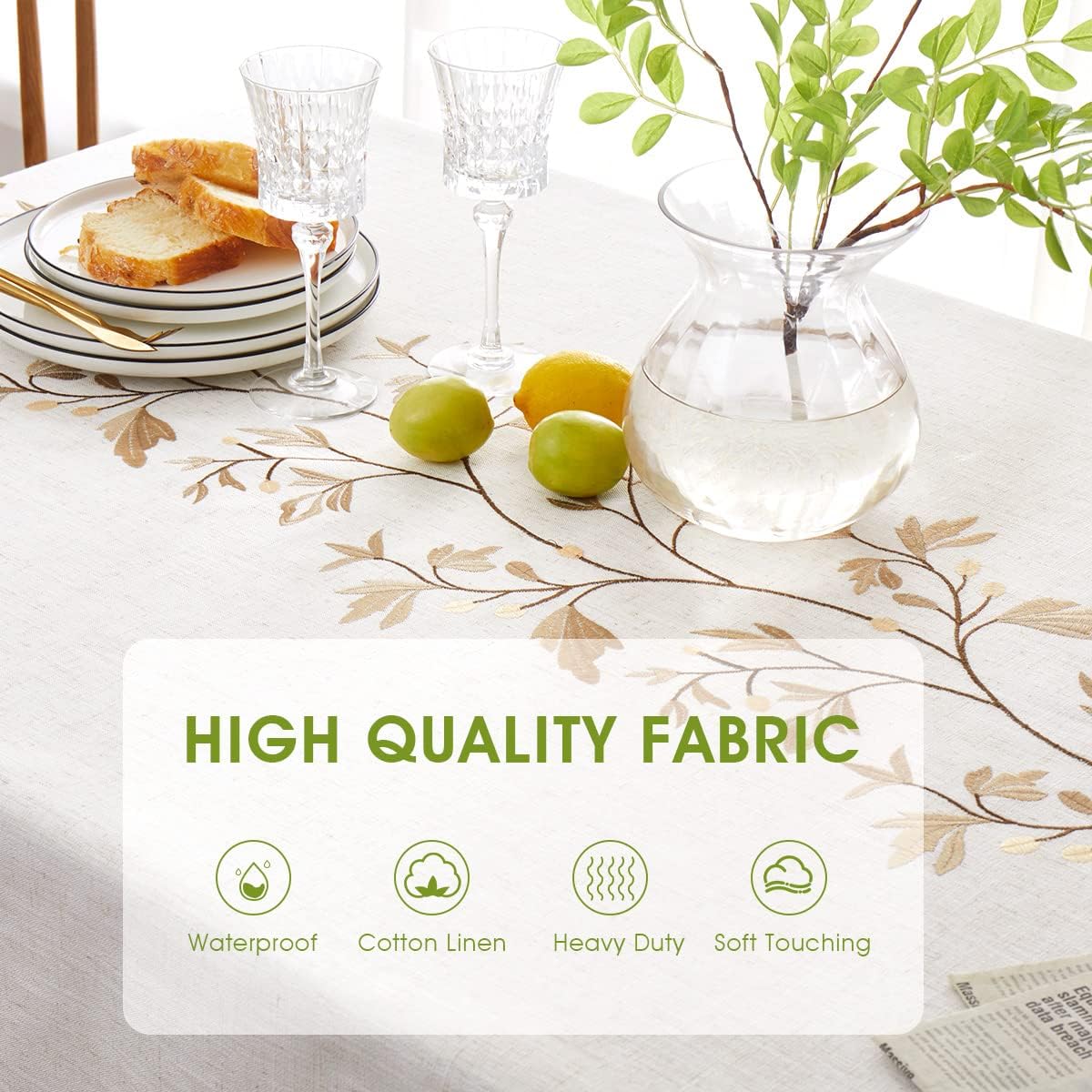 QIANQUHUI Embroidered Tablecloth Rustic Farmhouse Kitchen Table Cloth, Dust Proof Spillproof Soil Resistant Cotton Linen Rectangle Table Cloth (N-Beige, 55x70 inch) - Image 4