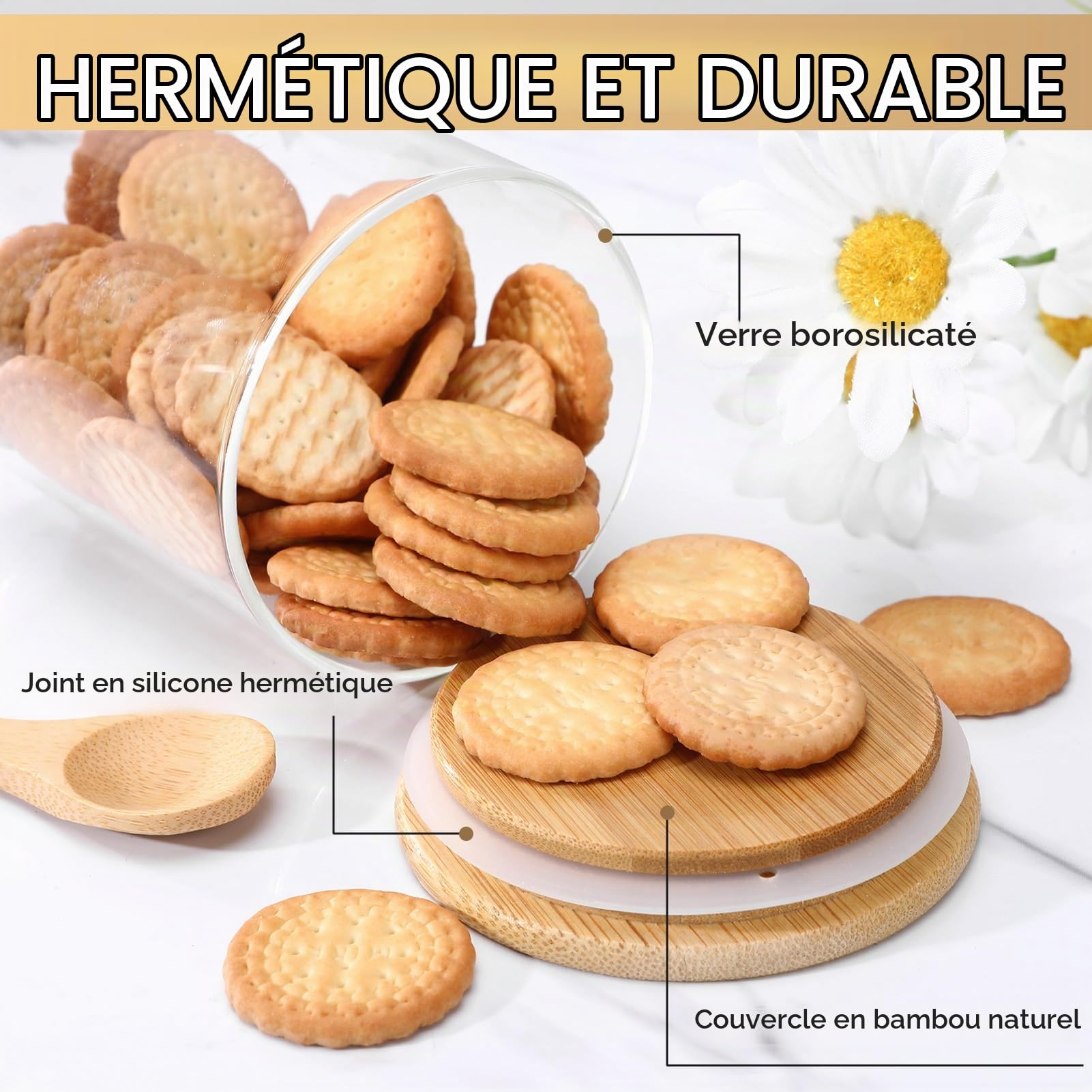 8 Bocal en Verre avec Couvercle, 430ml Bocaux en Verre Hermétique, Pot en Verre avec Couvercle en Bambou, Bocaux Rangement Cuisine pour Épices, Herbes, Thé