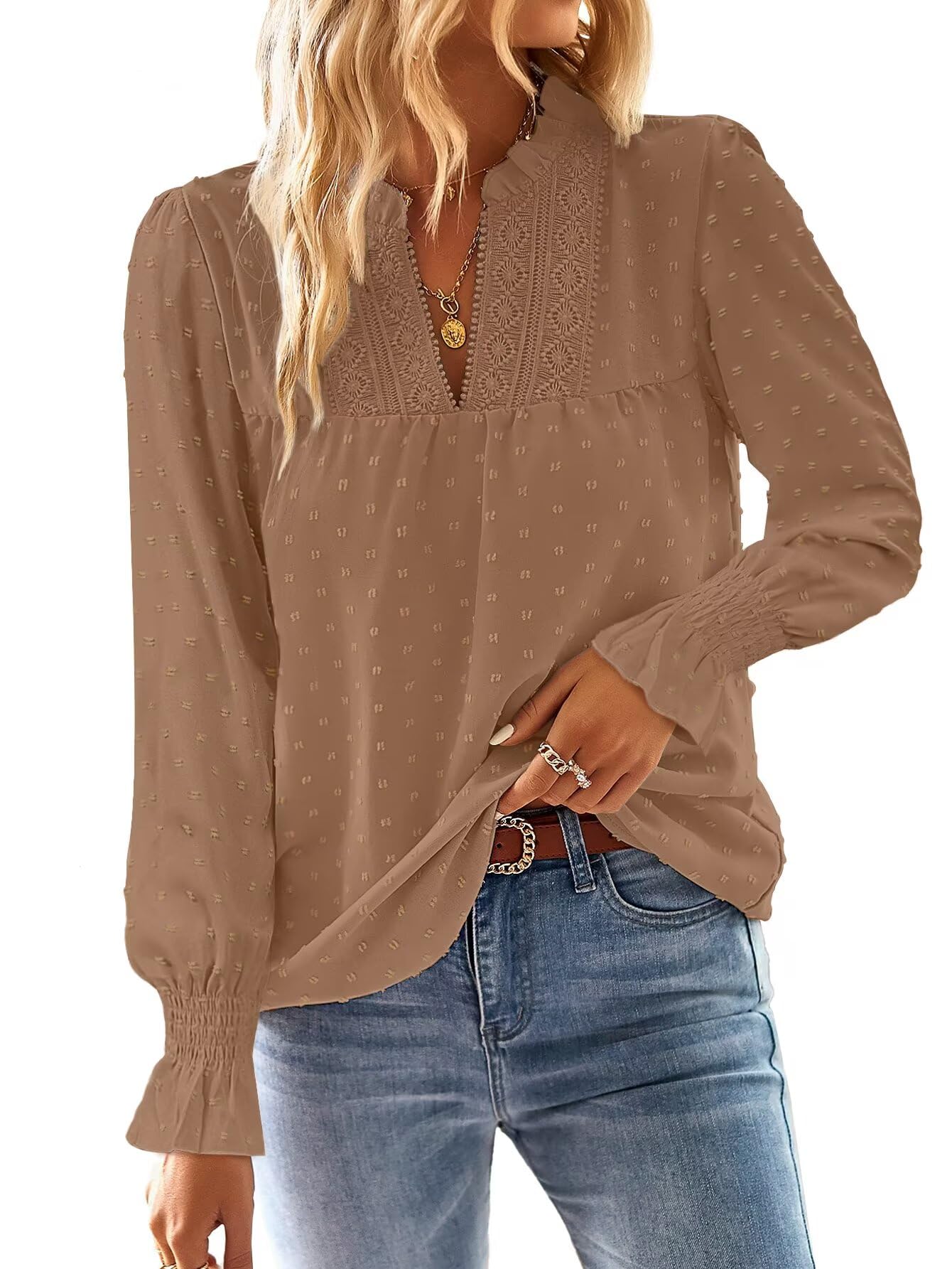 TUUHAW Langarmshirt Damen Herbst Boho Top Oberteile Fließend Elegant V-Ausschnitt T Shirt Süß Lässig Outfits Frühling Winter Longshirt Spitze Kleidung Paspel Volant