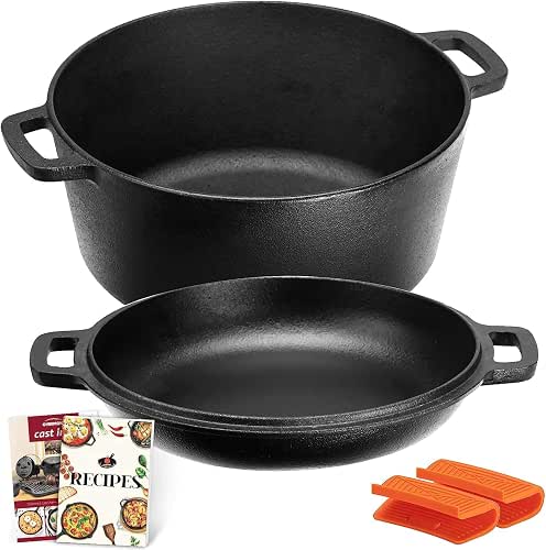 OVERMONT Dutch Oven 2-in-1 mit Pfannendeckel aus Gusseisen, 26 cm,
