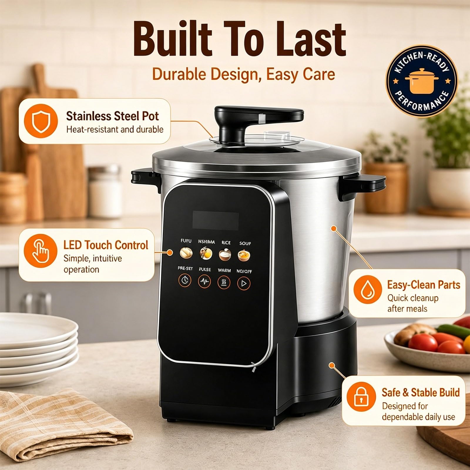 Fufu Maker 900 W, 6 l, automatyczny robot kuchenny do naczyń afrykańskich, ekran dotykowy LED, łatwy do czyszczenia, stal nierdzewna, idealny do Yam, Ugali, Amala, semoliny