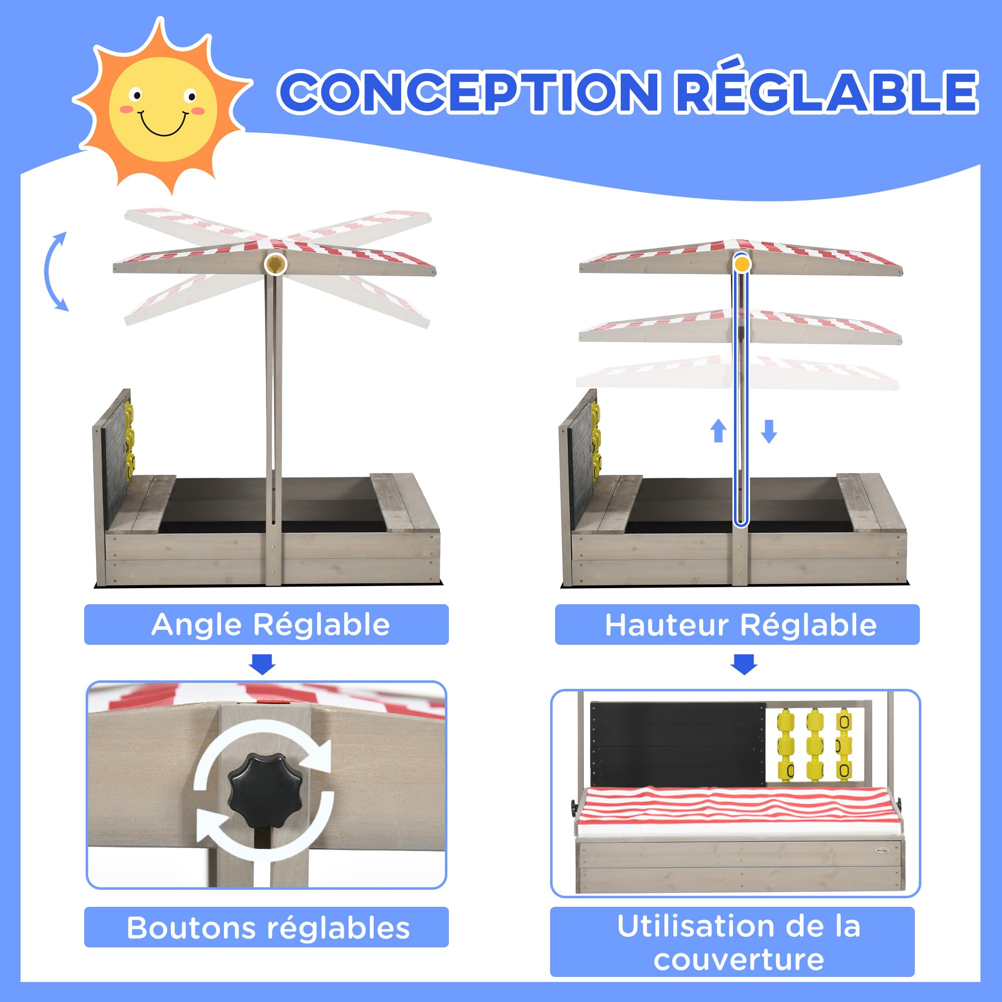 Outsunny Bac à Sable pour Enfants en Bois avec bancs, 114 x 113 x 110 cm | Carré, toit ajustable, tableau et jeux inclus, pour enfants, gris, hauteur 110 cm