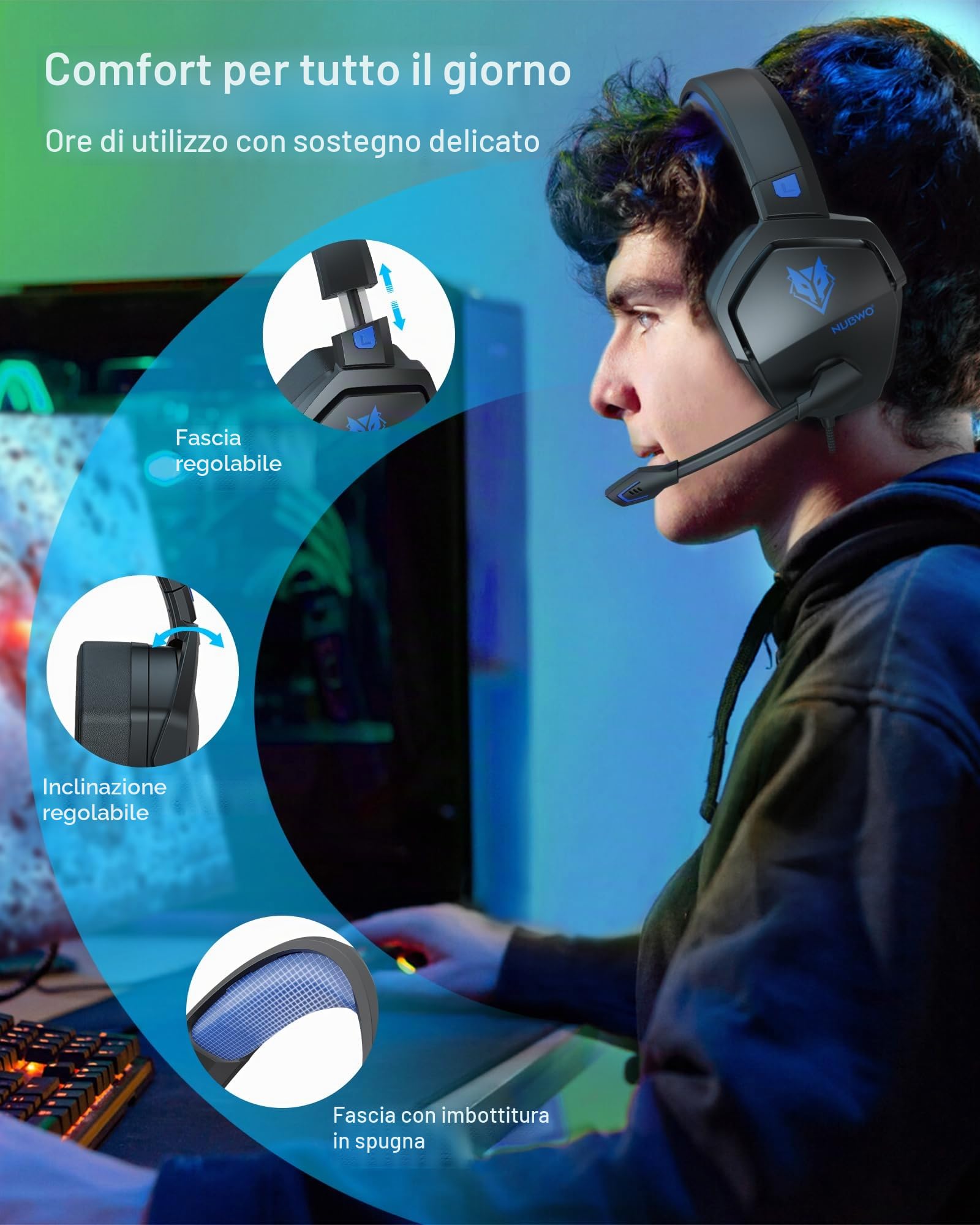 NUBWO Cuffie Gaming per PS4, PS5, PC, Xboxone, Cuffie con Microfono Over-Ear con Cancellazione del Rumore per Computer Portatili NS Games - Blue