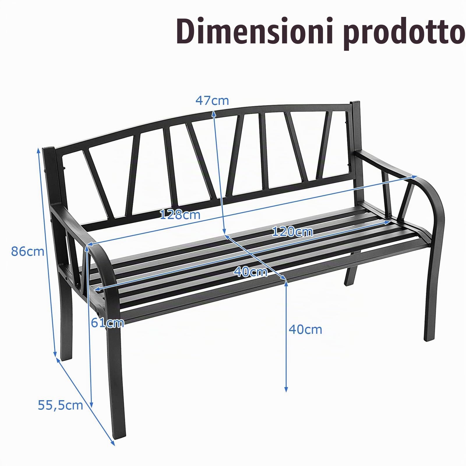 KOMFOTTEU Panca da giardino a 2 posti, metallo, carico 300 kg, 01, 128 x 55,5 x 86 cm | Panca da parco con schienale, Sedia da parco, per balcone, terrazza, nero