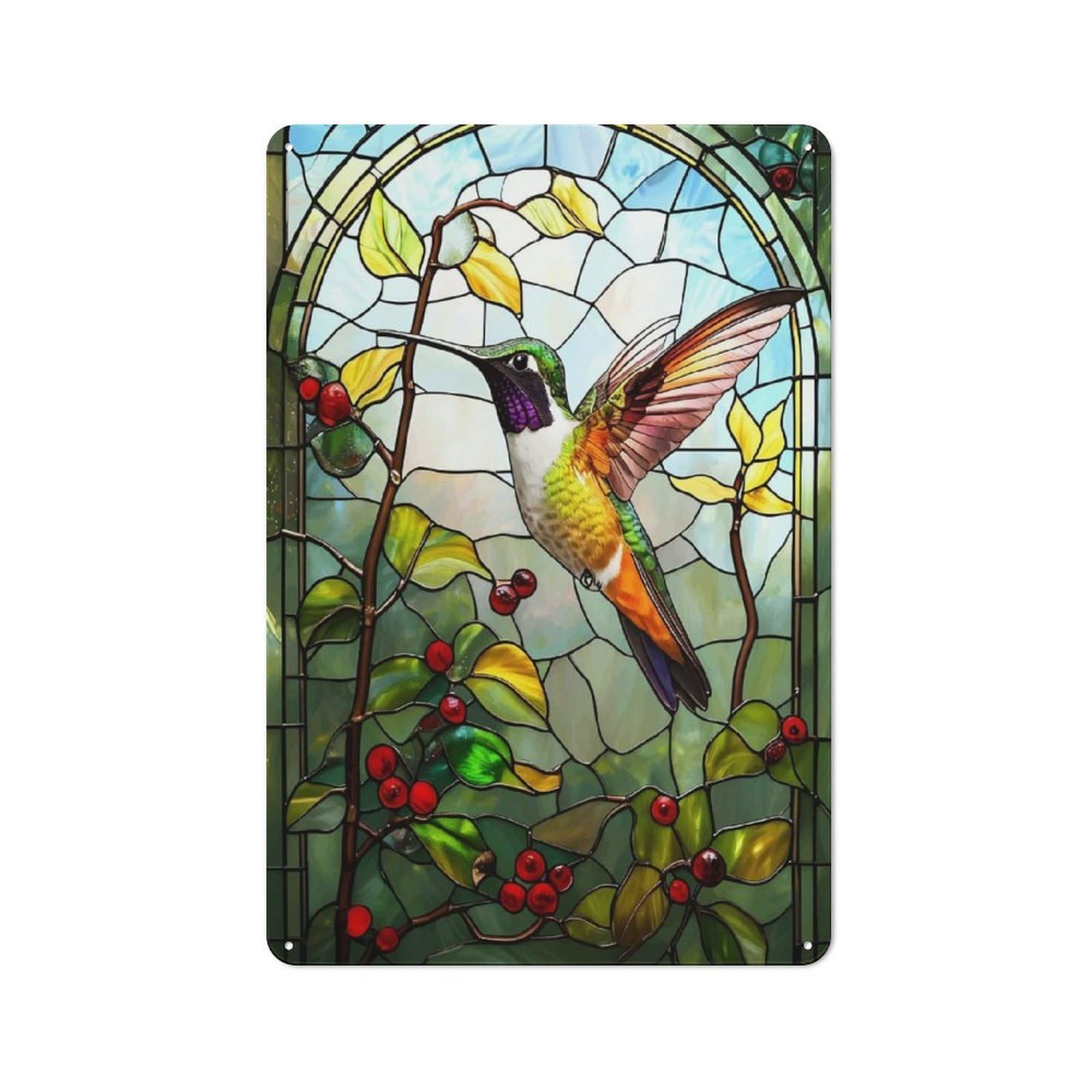 Junmoney Style-11 Stained Glass Hummingbird Decorative Tin Sign 30X20cm, Distressed Look Vintage Wall Decor For Lounge, Study, Pub Or Wall Gallery