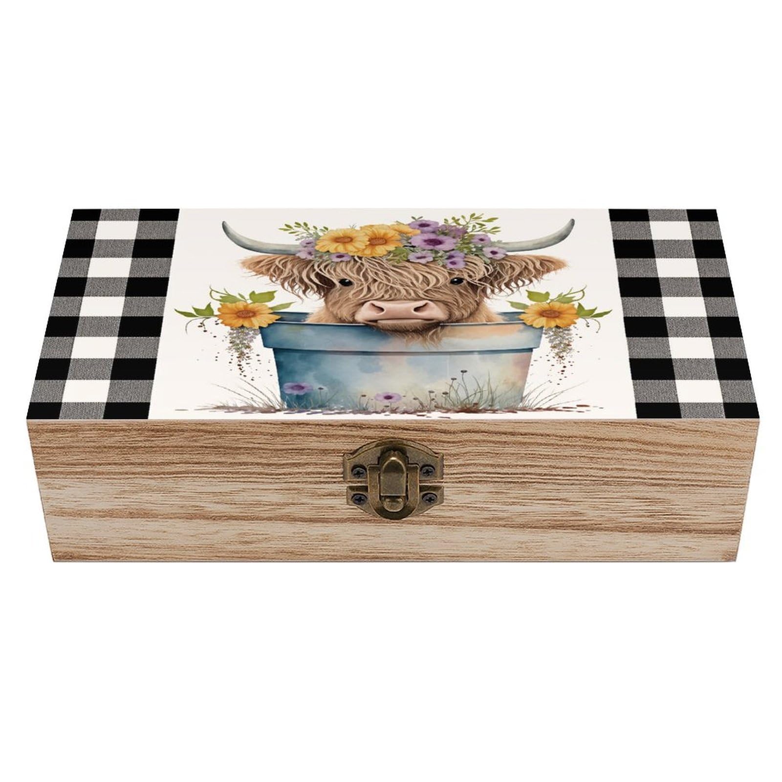 HLBSDM Floral Cow In Bucket Vintage Wooden Keepsake Box with Hinged Lid And Locking Clasp, Decorative Storage Box for Jewelry, Trinkets And Small Accessories, Organizer for Home Or Wedding
