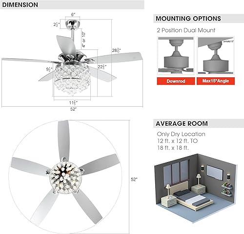 Miniatura 6 de Parrot Uncle Ventiladores de techo con luces y mando a distancia, ventilador de techo moderno de 52 pulgadas con luz para dormitorio, ventiladores