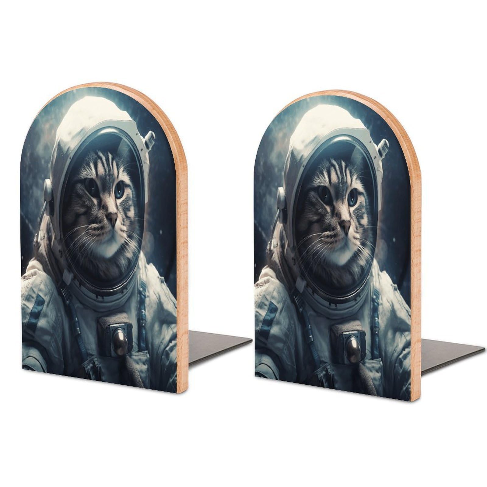 Astronaut Cat in Space Bookend Wood Book End for Shelves Heavy Duty Non-Slip Wooden Bookend Support Universal Economy Bookends Fancy Modern Decorative Book Accessories 1 Pairs