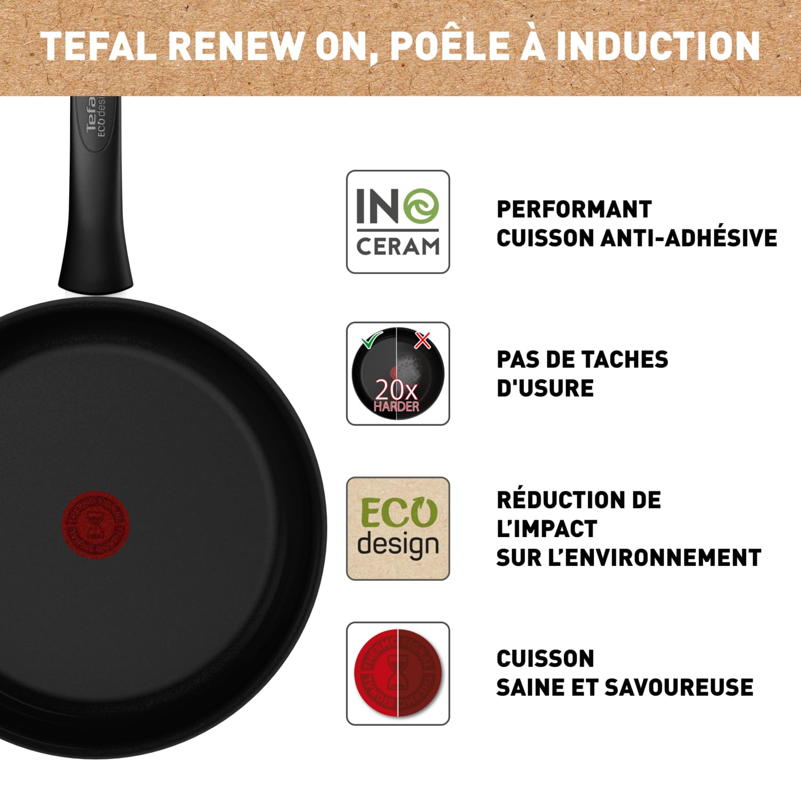 Tefal Renew On Poêle 28 cm, Induction, Revêtement céramique antiadhésif, Surface résistante, Eco-Design, Indicateur de chaleur C4350632, Noir