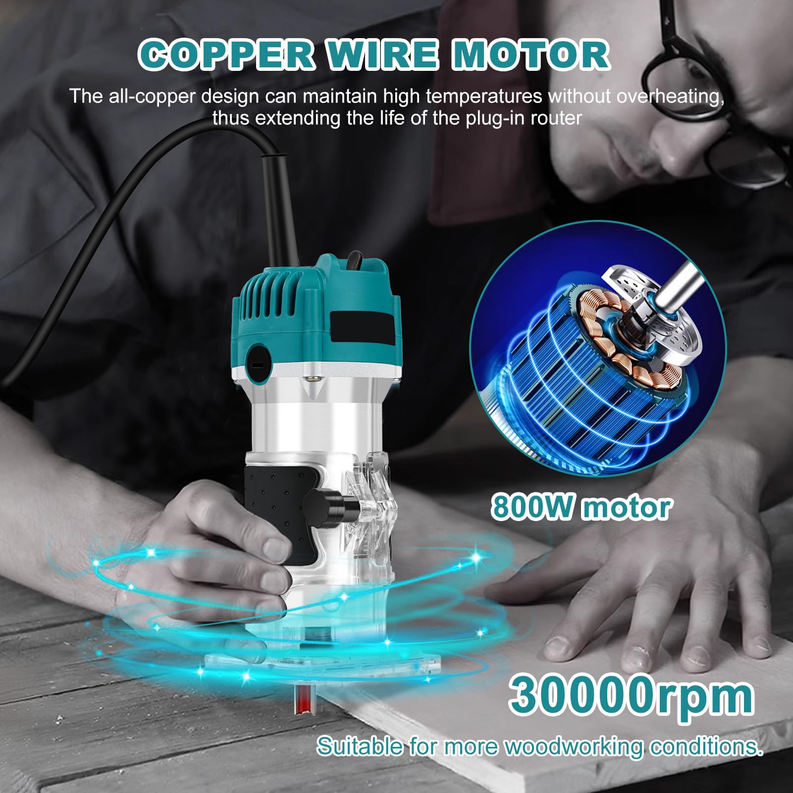 Outil de routeur, fraiseuse à bois compacte 110 V 800 W pour menuiserie, tondeuse électrique portative 30 000 R/min, bord compact laminé pour rainurer, découper, sculpter