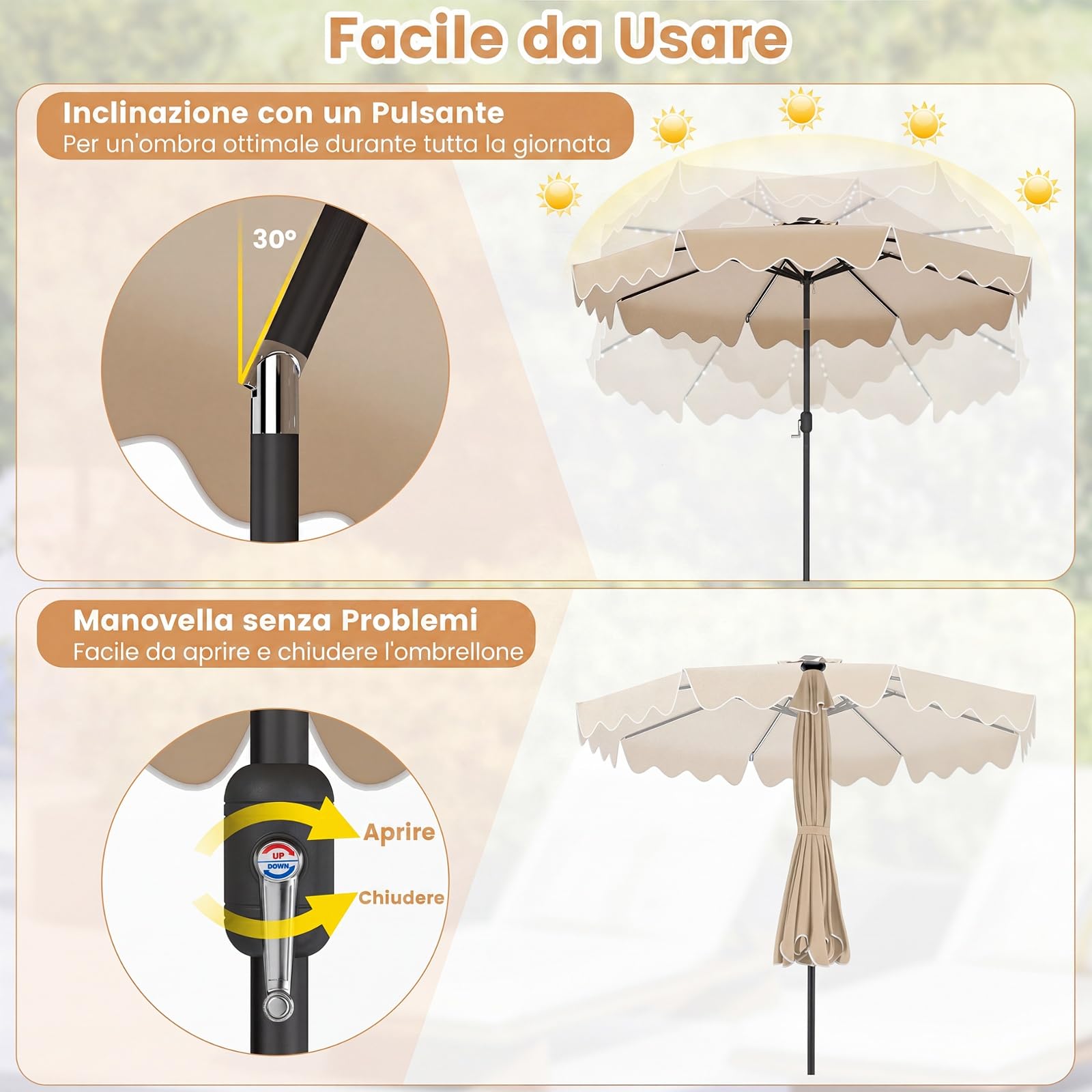 COSTWAY Ombrellone Giardino 280 cm, 104 Luci, Inclinabile 30° | 8 Stecche in Metallo, Anti- UV, Parte Superiore Ventilata e Manovella, per Balcone Terrazzo Piscina