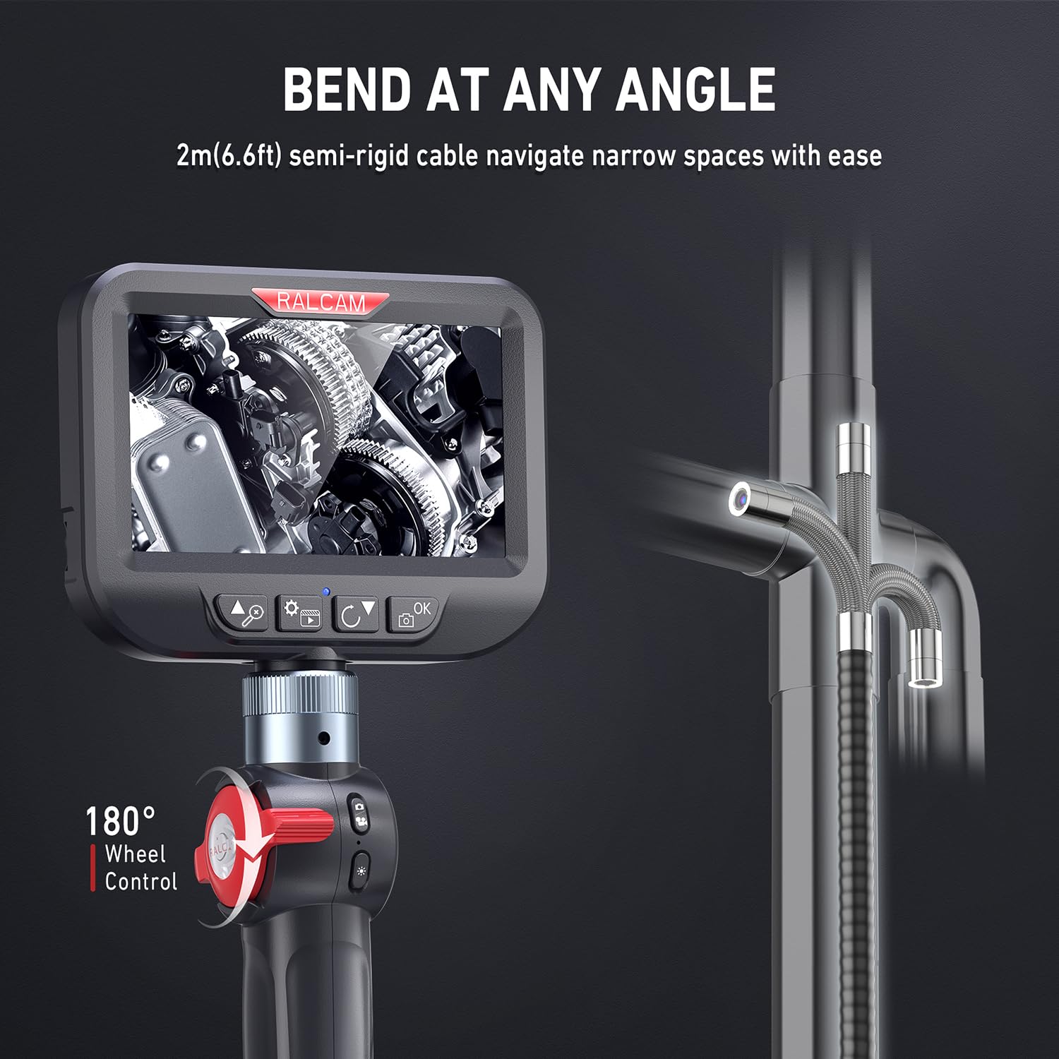 Ralcam Endoskopkamera mit Licht Endoscope Camera - Endoskop 8,5 mm Inspektionskamera 4,3" HD 1080P Rohrkamera, Kameras mit 10 LED, IP67 Wasserdicht 2M Halbstarre Kabel Teleskopkamera Kfz Werkzeug