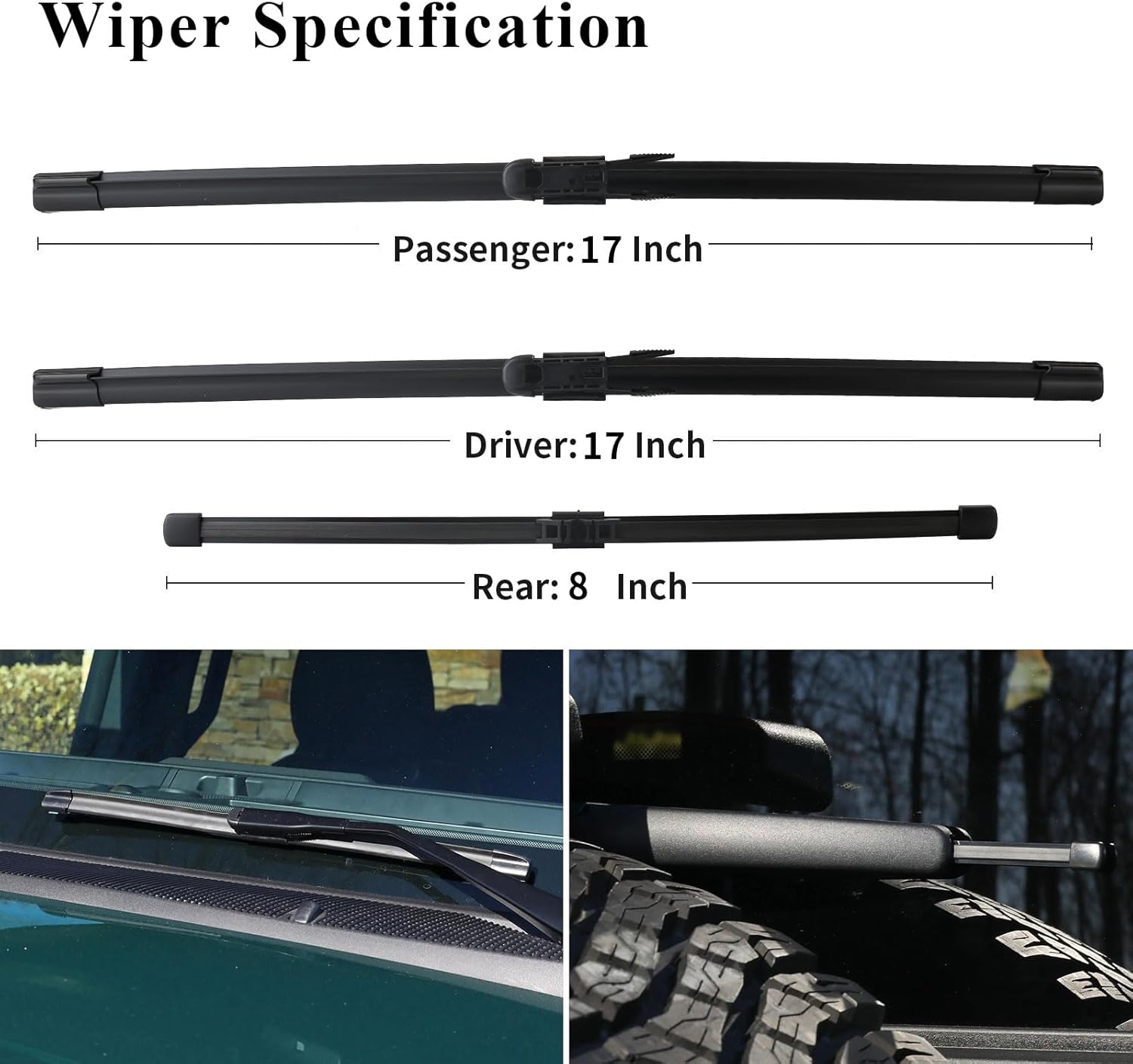 Windshield Wiper Blades for Ford Bronco 2021 2022 2023 2024 2025-17"+17"+8" Rear - Complete Set of 3 Front and Back Replacement Wipers - All Weather Performance
